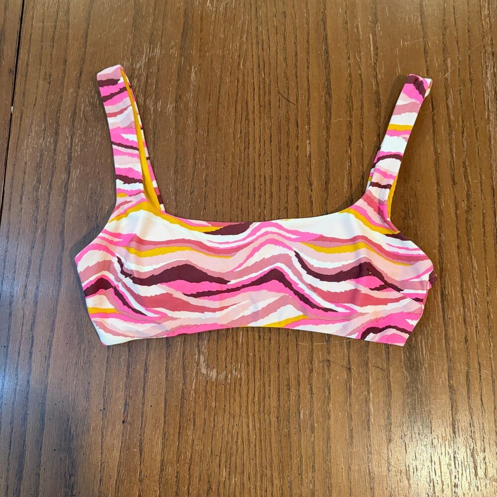 Aerie Scoop Bikini Top Pink Abstract Wave Print Colorblock Size M